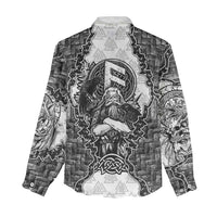 Odin and Skull Warrior Norse Mythology Women Casual Shirt Viking Black and White Engraved Stone Art