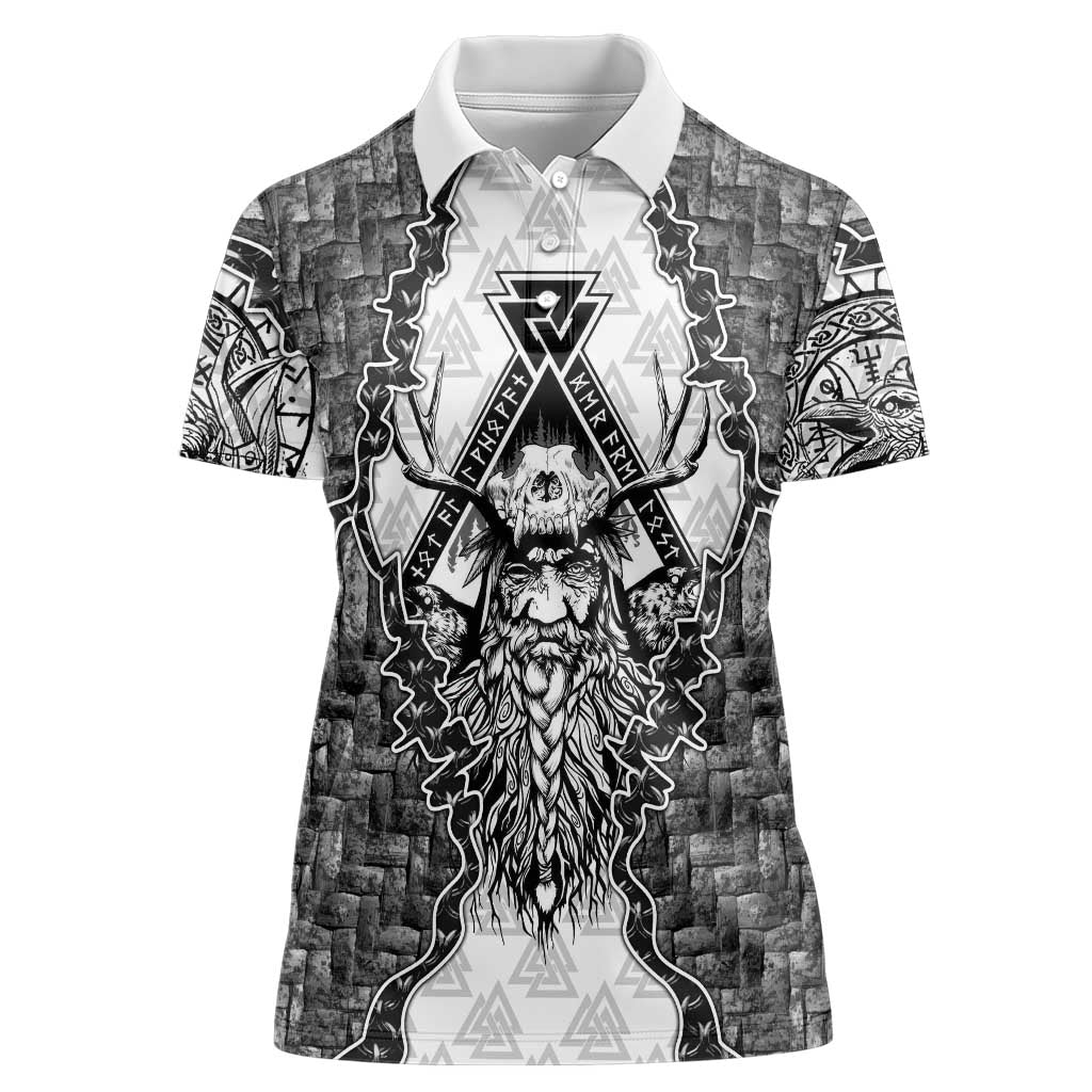 Odin and Skull Warrior Norse Mythology Women Polo Shirt Viking Black and White Engraved Stone Art