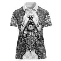 Odin and Skull Warrior Norse Mythology Women Polo Shirt Viking Black and White Engraved Stone Art
