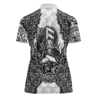 Odin and Skull Warrior Norse Mythology Women Polo Shirt Viking Black and White Engraved Stone Art