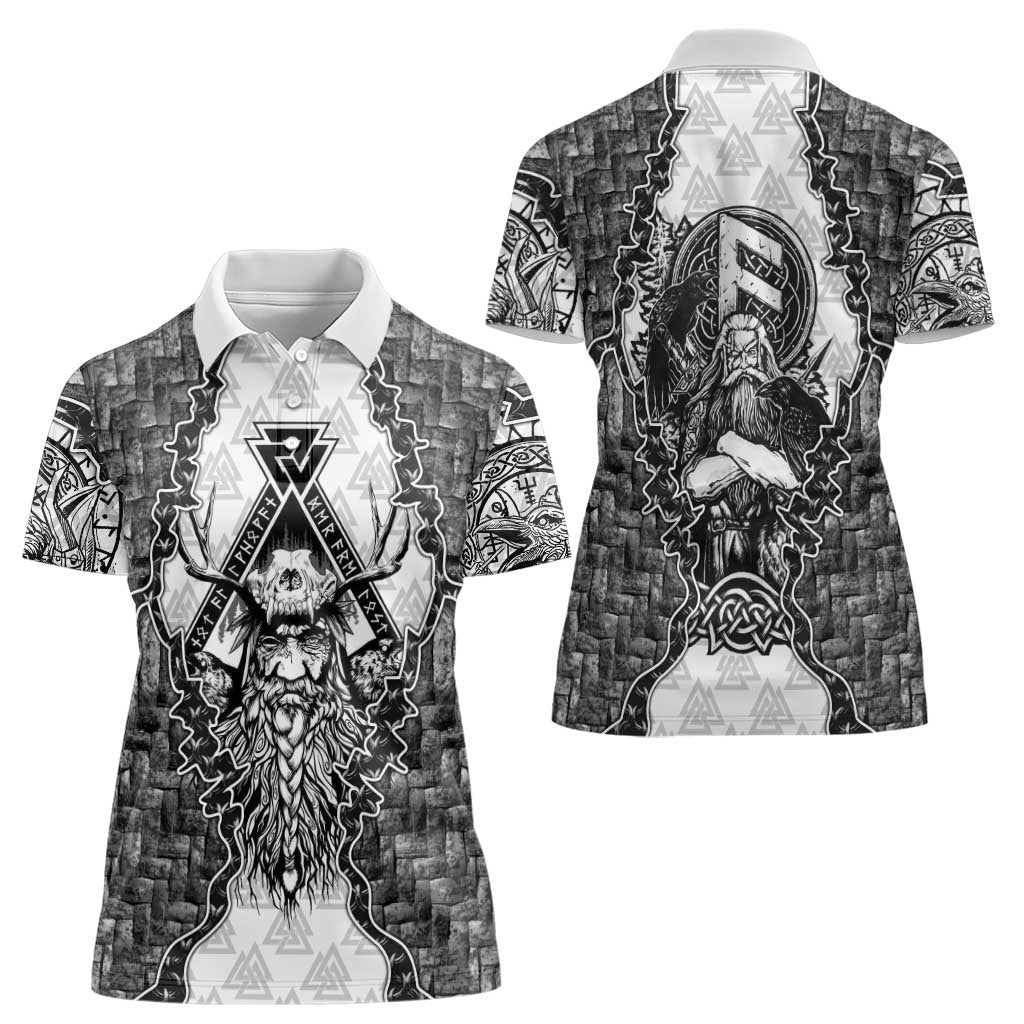 Odin and Skull Warrior Norse Mythology Women Polo Shirt Viking Black and White Engraved Stone Art