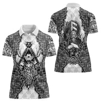 Odin and Skull Warrior Norse Mythology Women Polo Shirt Viking Black and White Engraved Stone Art