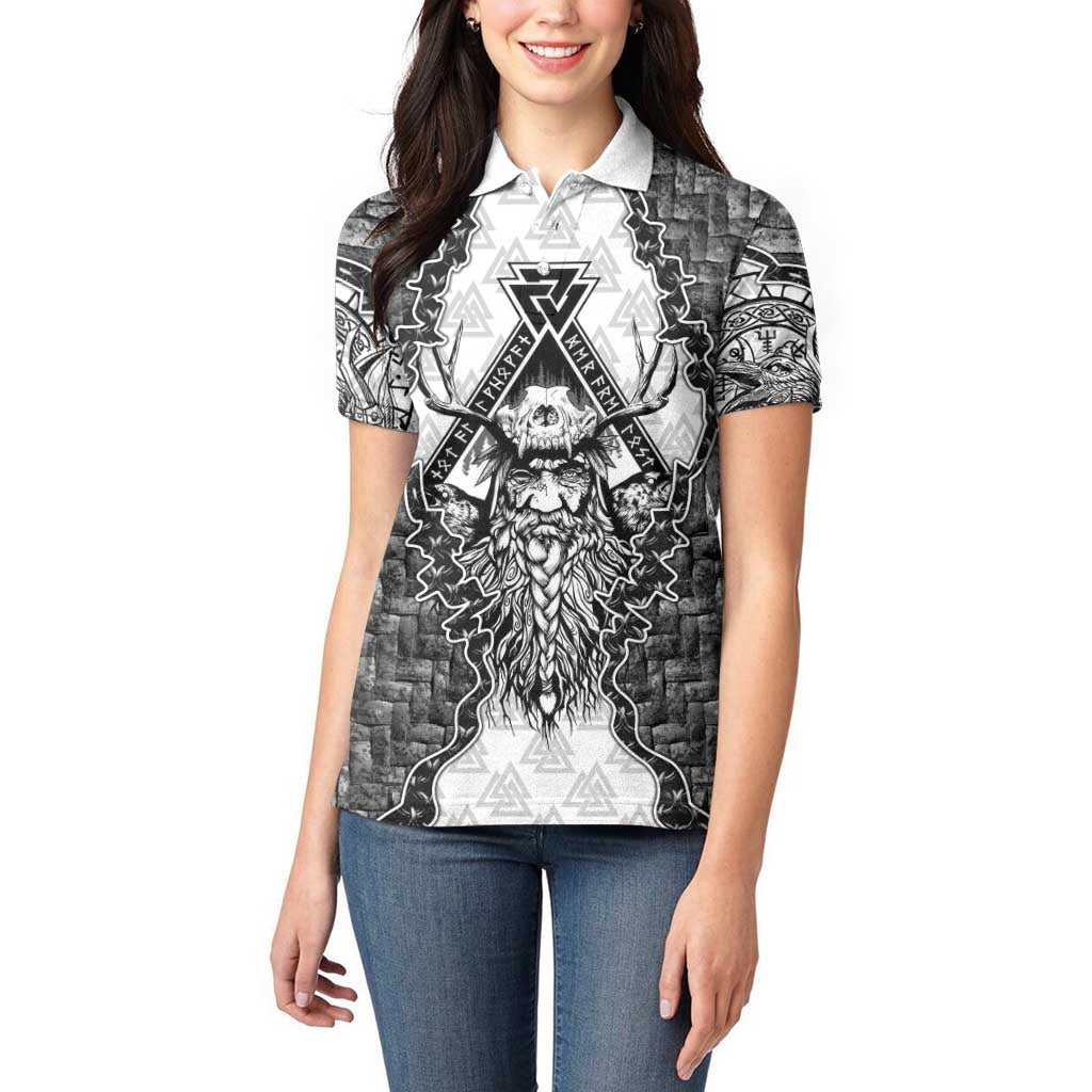 Odin and Skull Warrior Norse Mythology Women Polo Shirt Viking Black and White Engraved Stone Art