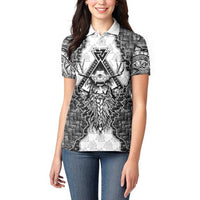 Odin and Skull Warrior Norse Mythology Women Polo Shirt Viking Black and White Engraved Stone Art