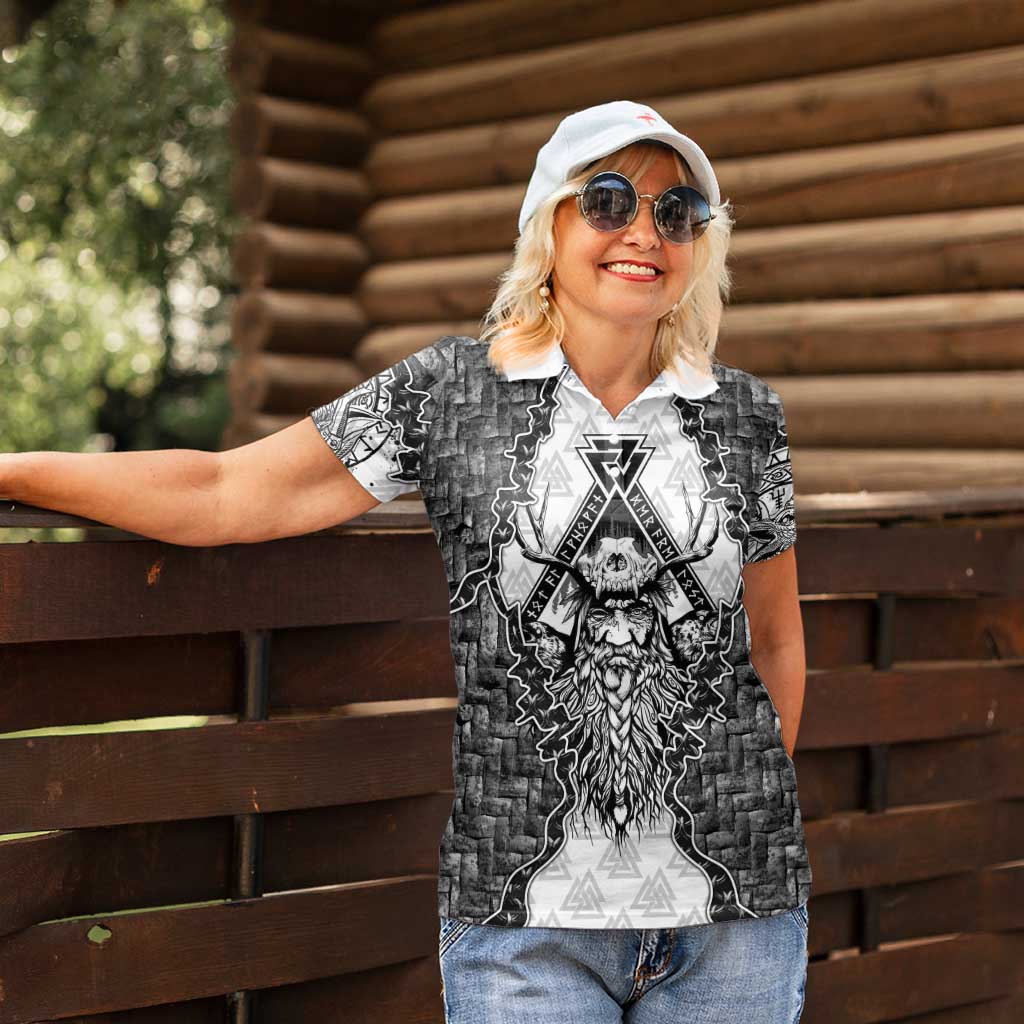 Odin and Skull Warrior Norse Mythology Women Polo Shirt Viking Black and White Engraved Stone Art