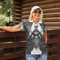 Odin and Skull Warrior Norse Mythology Women Polo Shirt Viking Black and White Engraved Stone Art