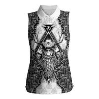 Odin and Skull Warrior Norse Mythology Women Sleeveless Polo Shirt Viking Black and White Engraved Stone Art