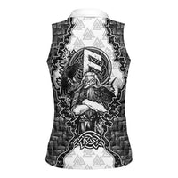 Odin and Skull Warrior Norse Mythology Women Sleeveless Polo Shirt Viking Black and White Engraved Stone Art