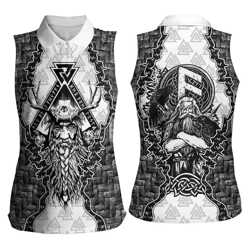 Odin and Skull Warrior Norse Mythology Women Sleeveless Polo Shirt Viking Black and White Engraved Stone Art