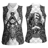 Odin and Skull Warrior Norse Mythology Women Sleeveless Polo Shirt Viking Black and White Engraved Stone Art