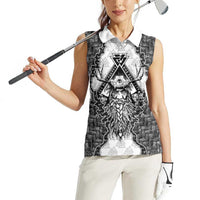 Odin and Skull Warrior Norse Mythology Women Sleeveless Polo Shirt Viking Black and White Engraved Stone Art