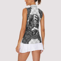 Odin and Skull Warrior Norse Mythology Women Sleeveless Polo Shirt Viking Black and White Engraved Stone Art