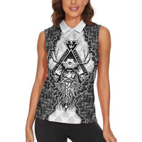 Odin and Skull Warrior Norse Mythology Women Sleeveless Polo Shirt Viking Black and White Engraved Stone Art