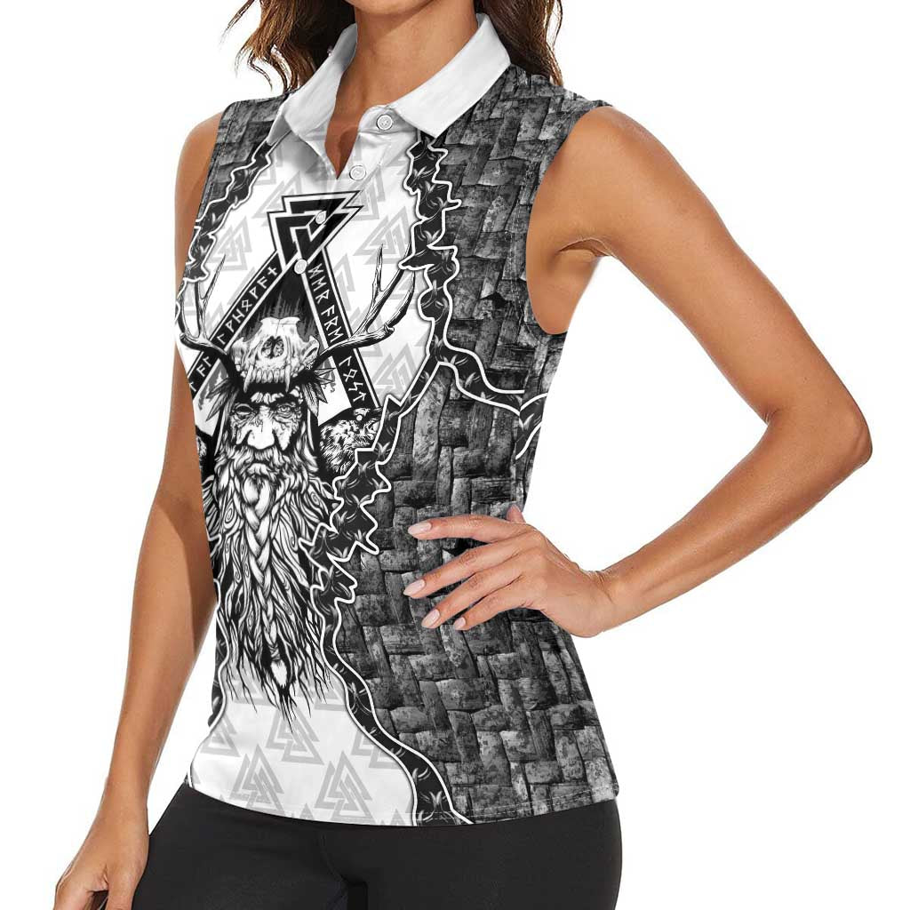 Odin and Skull Warrior Norse Mythology Women Sleeveless Polo Shirt Viking Black and White Engraved Stone Art
