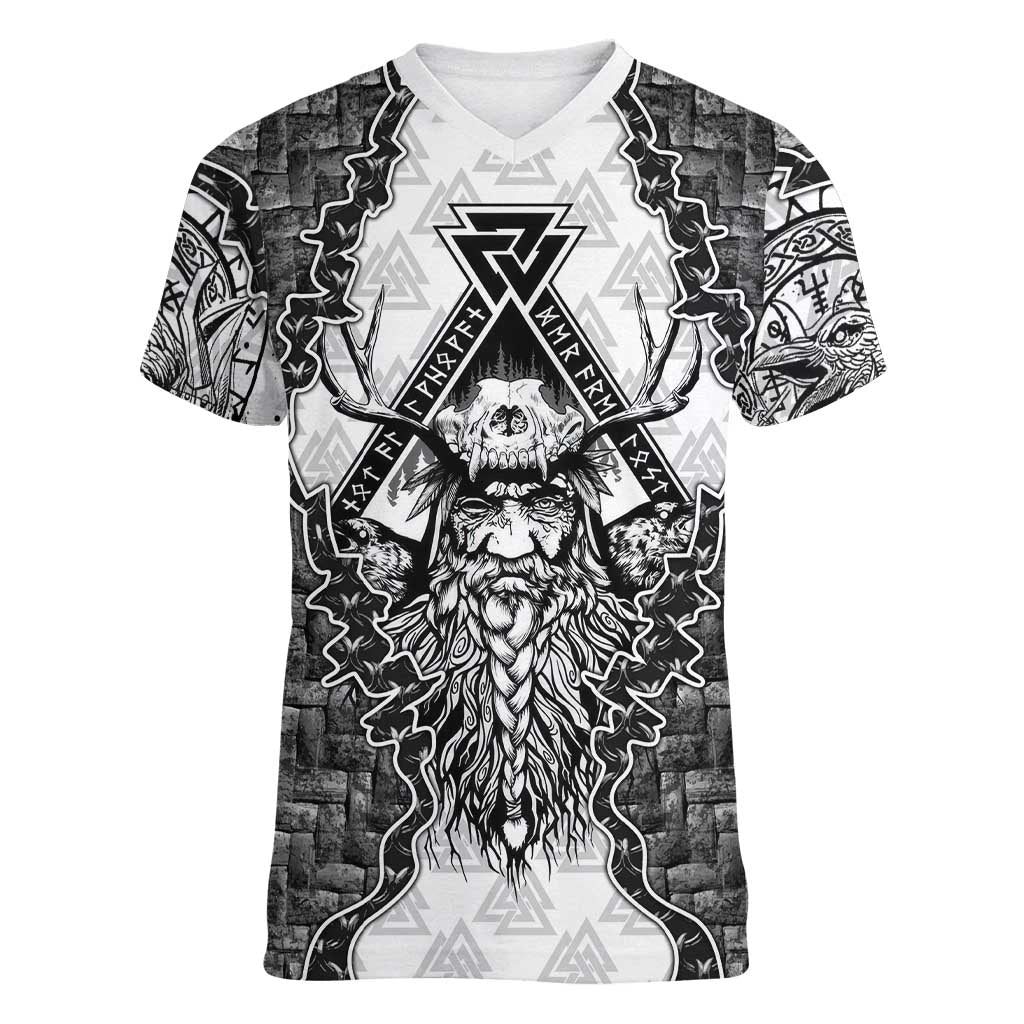 Odin and Skull Warrior Norse Mythology Women V-Neck T-Shirt Viking Black and White Engraved Stone Art