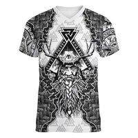 Odin and Skull Warrior Norse Mythology Women V-Neck T-Shirt Viking Black and White Engraved Stone Art