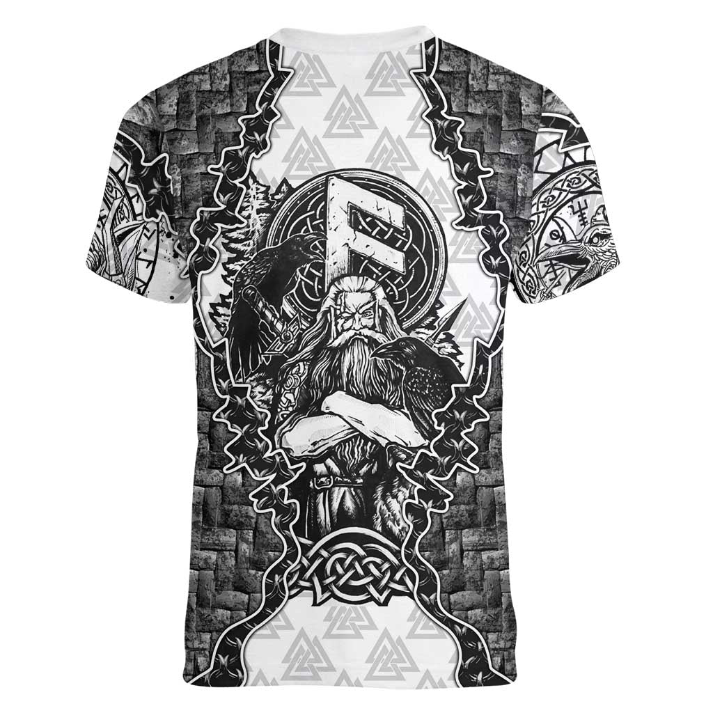 Odin and Skull Warrior Norse Mythology Women V-Neck T-Shirt Viking Black and White Engraved Stone Art