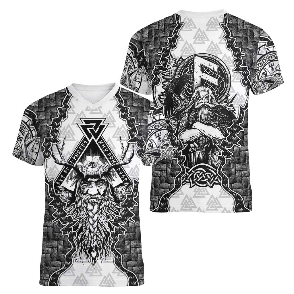 Odin and Skull Warrior Norse Mythology Women V-Neck T-Shirt Viking Black and White Engraved Stone Art