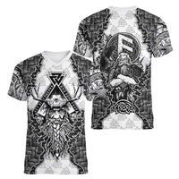 Odin and Skull Warrior Norse Mythology Women V-Neck T-Shirt Viking Black and White Engraved Stone Art