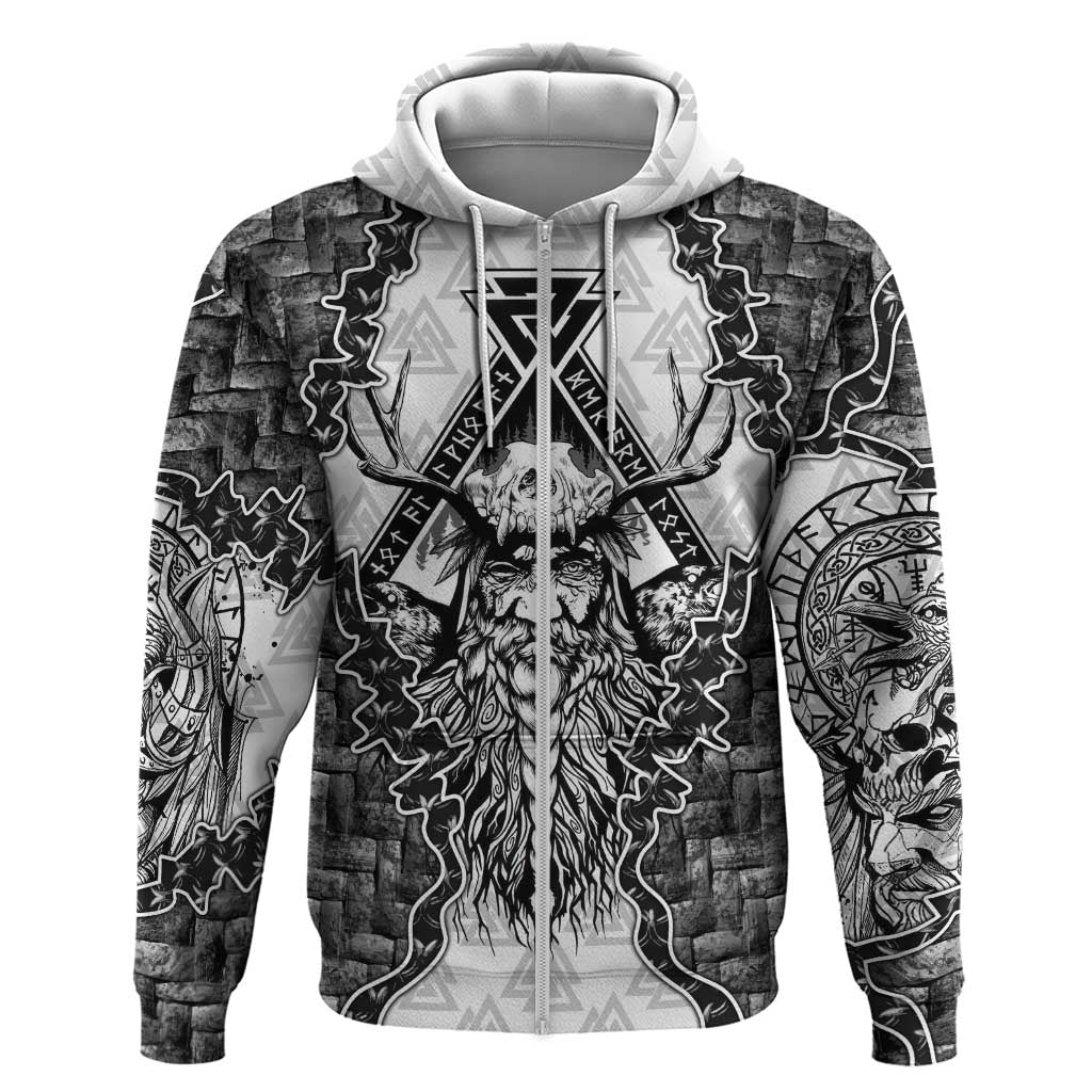 Odin and Skull Warrior Norse Mythology Zip Hoodie Viking Black and White Engraved Stone Art