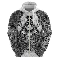 Odin and Skull Warrior Norse Mythology Zip Hoodie Viking Black and White Engraved Stone Art