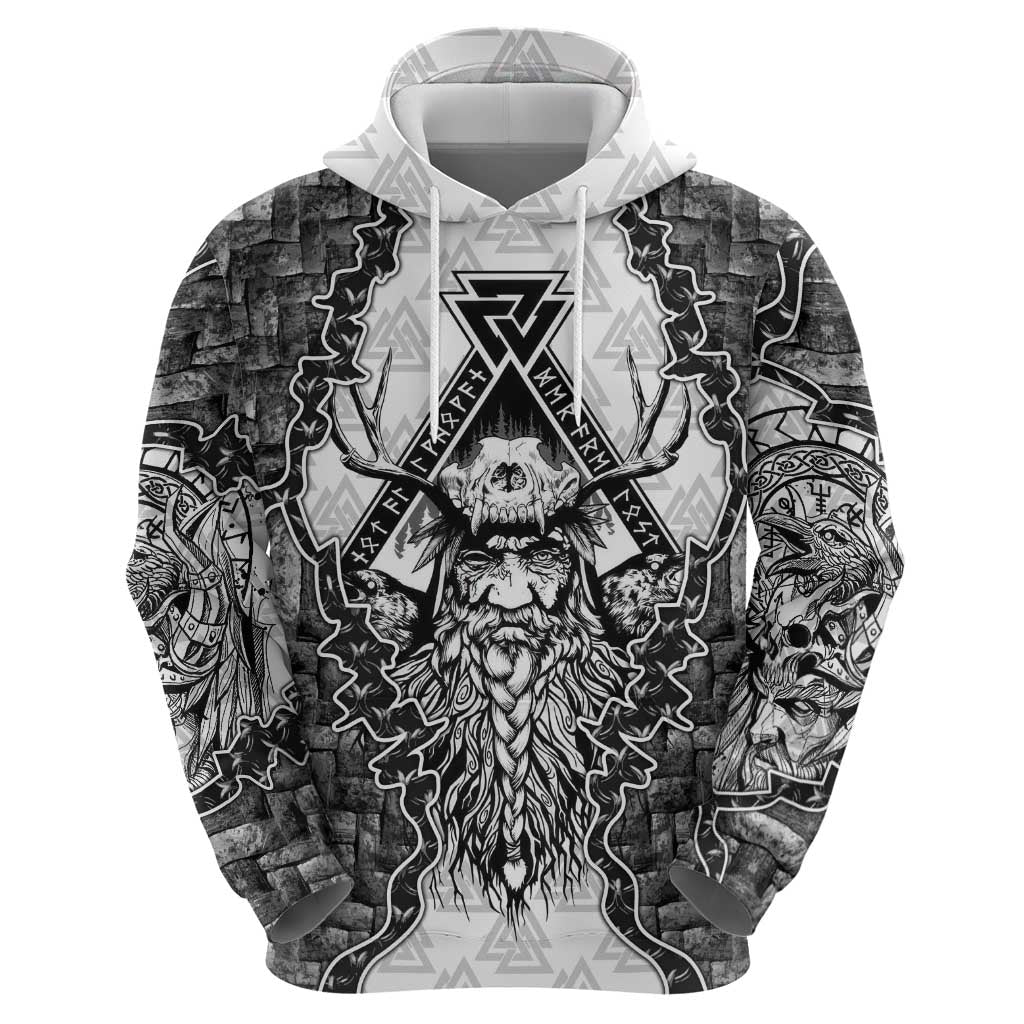 Odin and Skull Warrior Norse Mythology Zip Hoodie Viking Black and White Engraved Stone Art