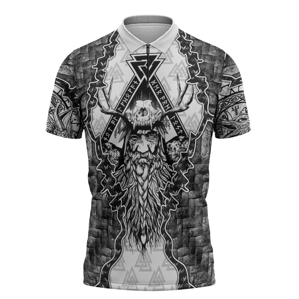 Odin and Skull Warrior Norse Mythology Zipper Polo Shirt Viking Black and White Engraved Stone Art