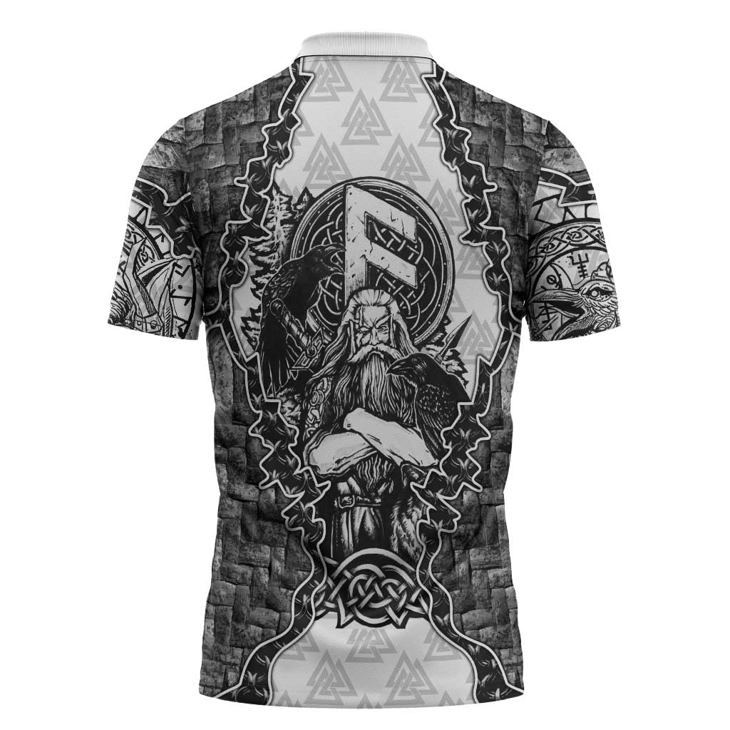 Odin and Skull Warrior Norse Mythology Zipper Polo Shirt Viking Black and White Engraved Stone Art