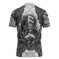 Odin and Skull Warrior Norse Mythology Zipper Polo Shirt Viking Black and White Engraved Stone Art