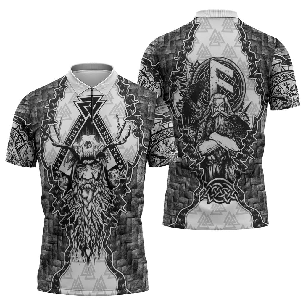 Odin and Skull Warrior Norse Mythology Zipper Polo Shirt Viking Black and White Engraved Stone Art
