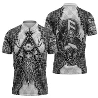 Odin and Skull Warrior Norse Mythology Zipper Polo Shirt Viking Black and White Engraved Stone Art