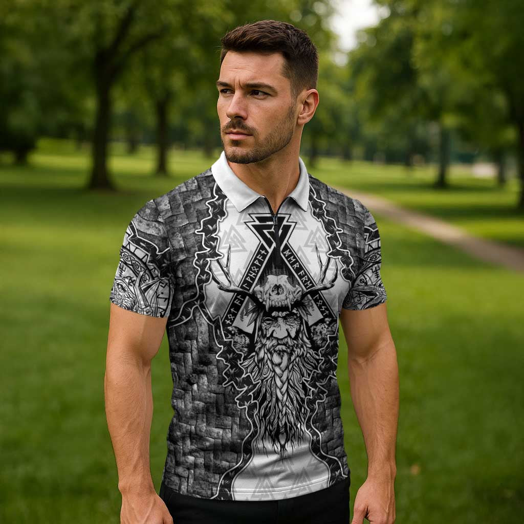 Odin and Skull Warrior Norse Mythology Zipper Polo Shirt Viking Black and White Engraved Stone Art