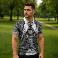 Odin and Skull Warrior Norse Mythology Zipper Polo Shirt Viking Black and White Engraved Stone Art