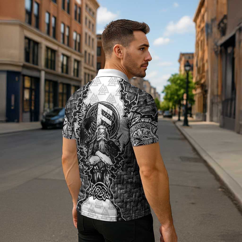 Odin and Skull Warrior Norse Mythology Zipper Polo Shirt Viking Black and White Engraved Stone Art