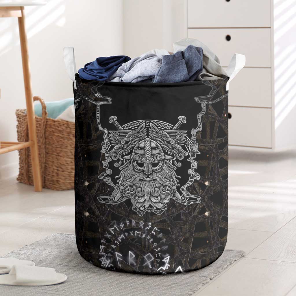 Viking Elder and Helm of Awe Norse Mythology Laundry Basket Monochrome Rune Engraving Style