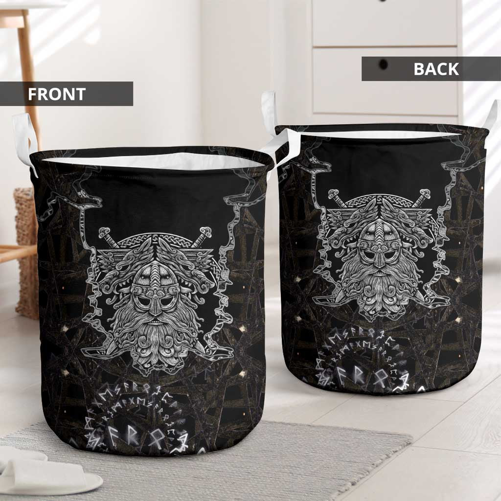 Viking Elder and Helm of Awe Norse Mythology Laundry Basket Monochrome Rune Engraving Style