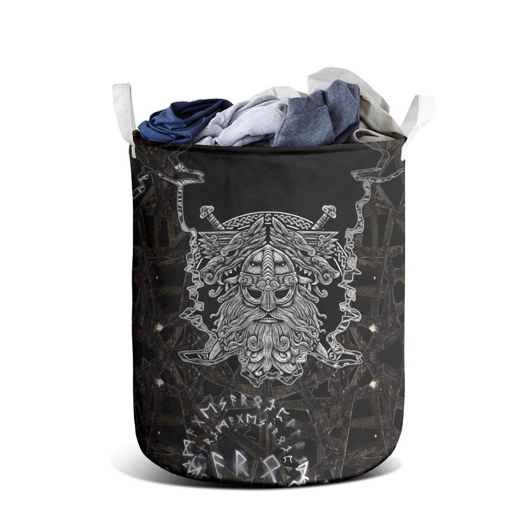 Viking Elder and Helm of Awe Norse Mythology Laundry Basket Monochrome Rune Engraving Style