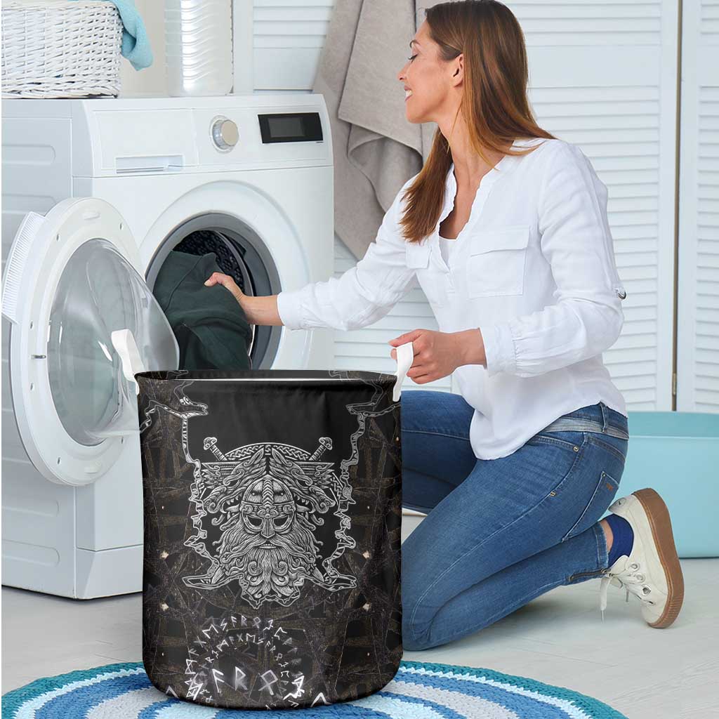 Viking Elder and Helm of Awe Norse Mythology Laundry Basket Monochrome Rune Engraving Style