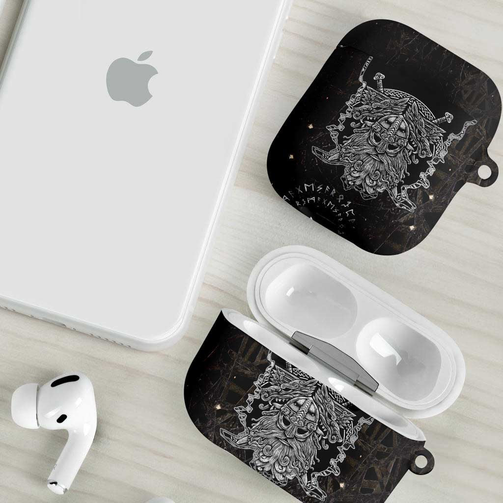 Viking Elder and Helm of Awe Norse Mythology AirPods Case Monochrome Rune Engraving Style