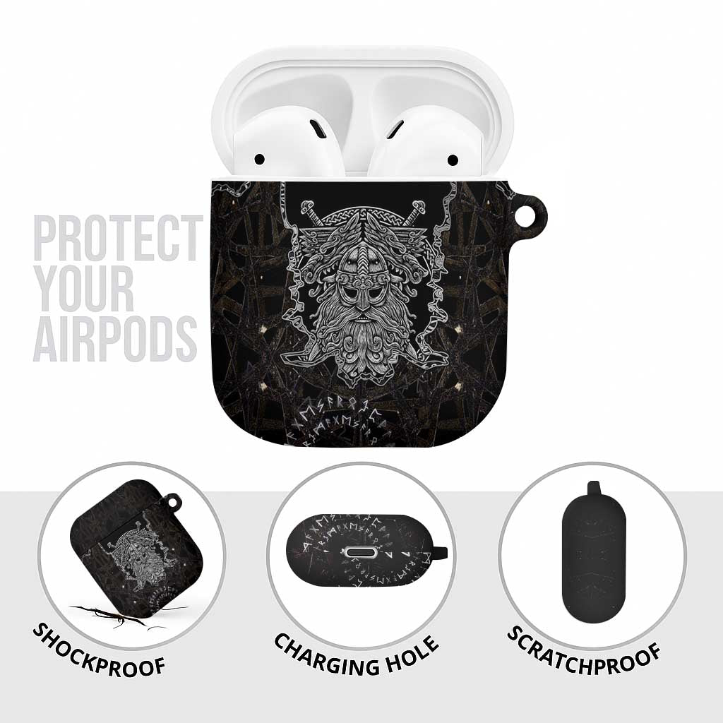 Viking Elder and Helm of Awe Norse Mythology AirPods Case Monochrome Rune Engraving Style