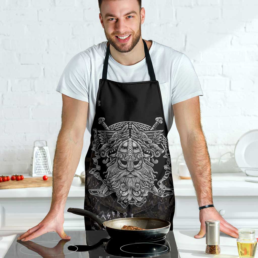 Viking Elder and Helm of Awe Norse Mythology Apron Monochrome Rune Engraving Style