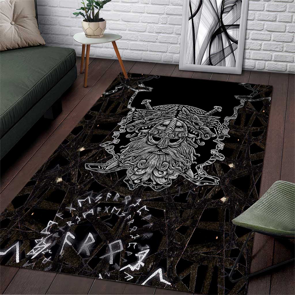 Viking Elder and Helm of Awe Norse Mythology Area Rug Monochrome Rune Engraving Style
