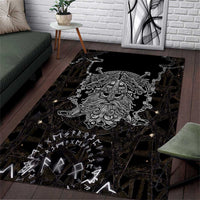 Viking Elder and Helm of Awe Norse Mythology Area Rug Monochrome Rune Engraving Style
