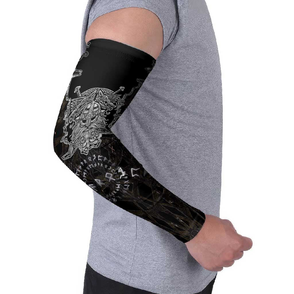 Viking Elder and Helm of Awe Norse Mythology Arm Sleeves Monochrome Rune Engraving Style