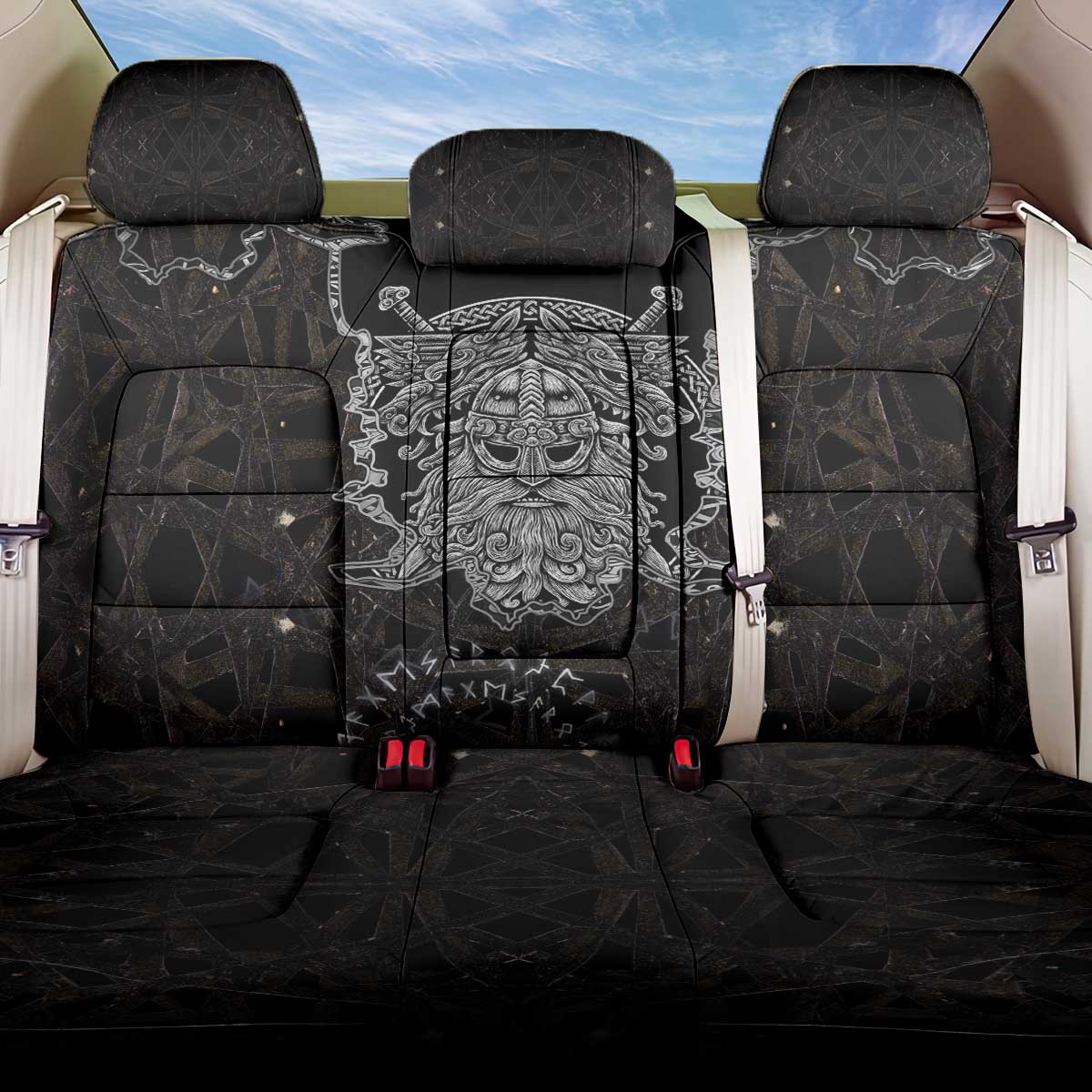 Viking Elder and Helm of Awe Norse Mythology Back Car Seat Cover Monochrome Rune Engraving Style