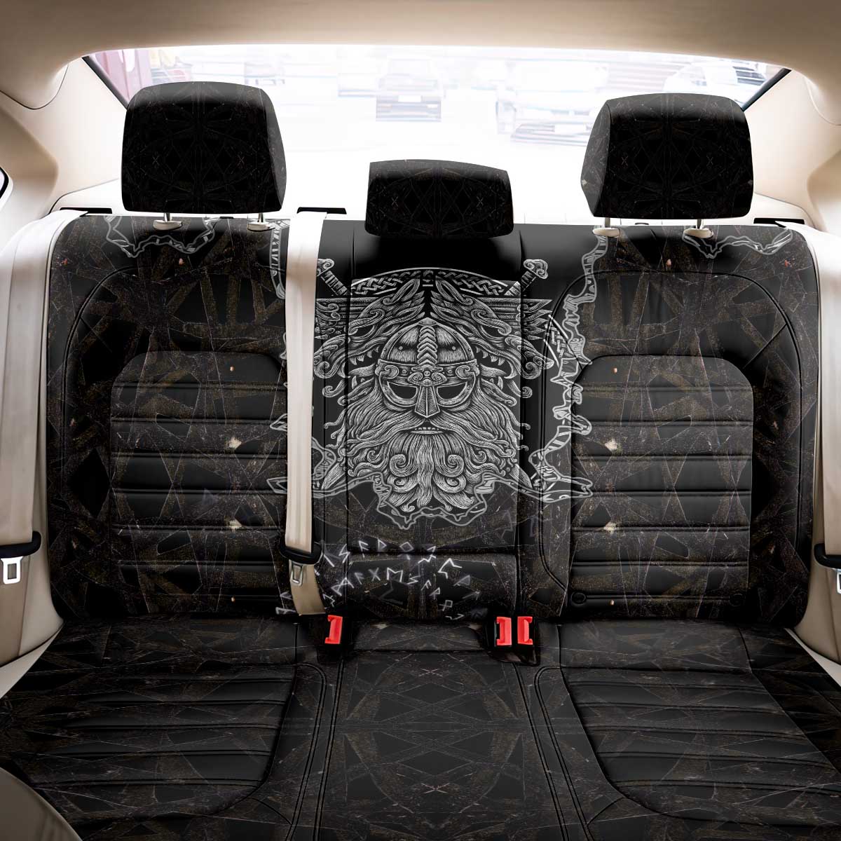 Viking Elder and Helm of Awe Norse Mythology Back Car Seat Cover Monochrome Rune Engraving Style