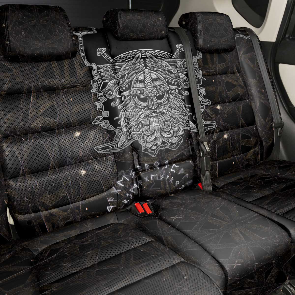 Viking Elder and Helm of Awe Norse Mythology Back Car Seat Cover Monochrome Rune Engraving Style