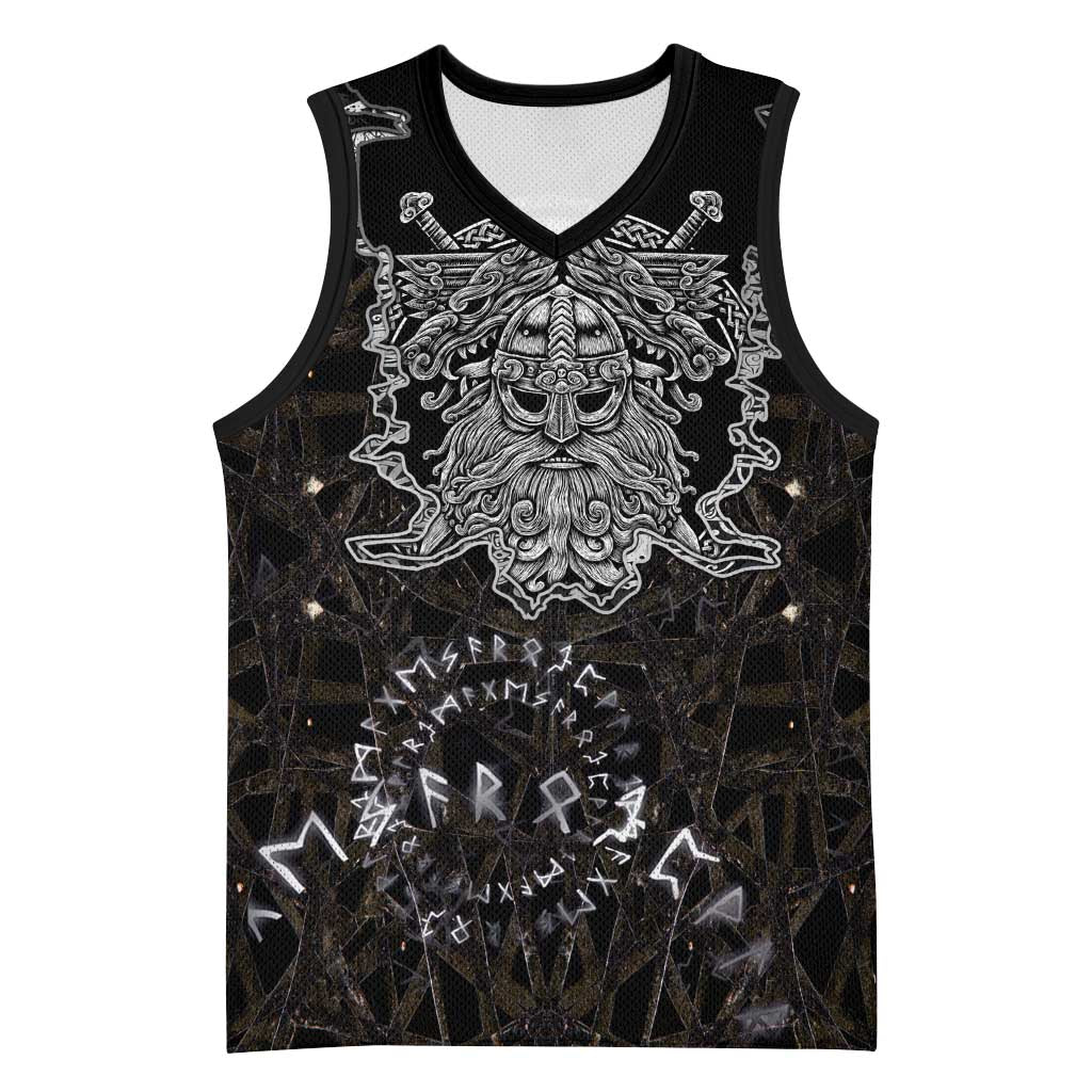 Viking Elder and Helm of Awe Norse Mythology Basketball Jersey Monochrome Rune Engraving Style