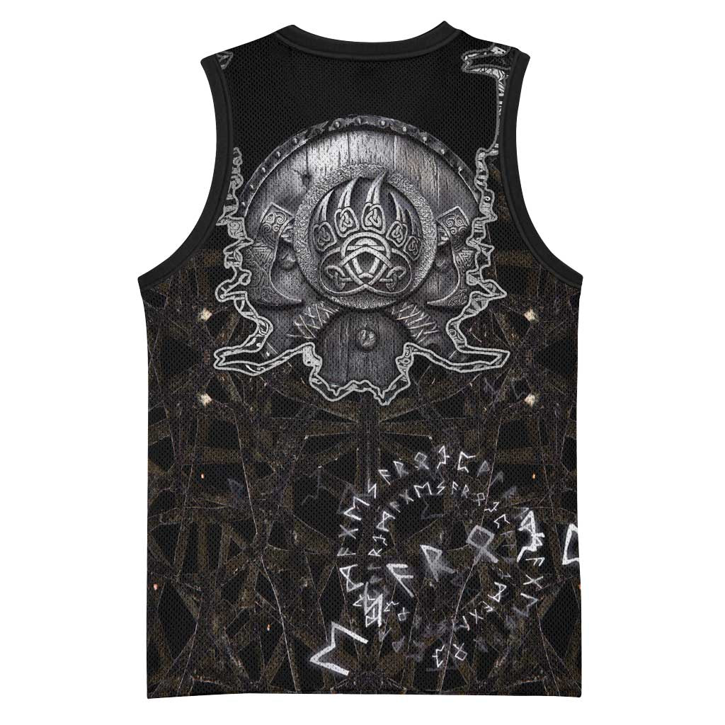 Viking Elder and Helm of Awe Norse Mythology Basketball Jersey Monochrome Rune Engraving Style