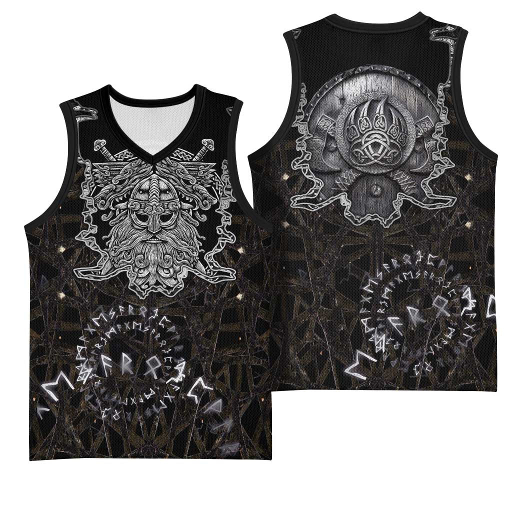 Viking Elder and Helm of Awe Norse Mythology Basketball Jersey Monochrome Rune Engraving Style